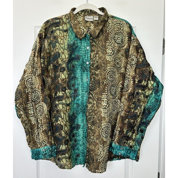 Chicos Women 3/XL Multicolor Silk Button Up Blouse Abstract Boho Tunic Textured - Picture 1 of 12